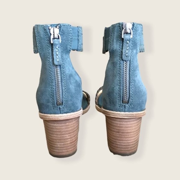 $340 Frye Teal/Turquoise Brielle Scallop Leather Suede Ankle Strap Heel Sandals - Picture 15 of 16